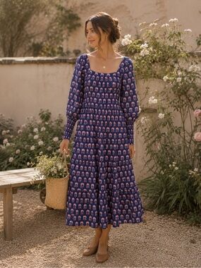 Navy & Pink Floral Dress | Cottagecore Square Neck Prairie Dress | Long Sleeve